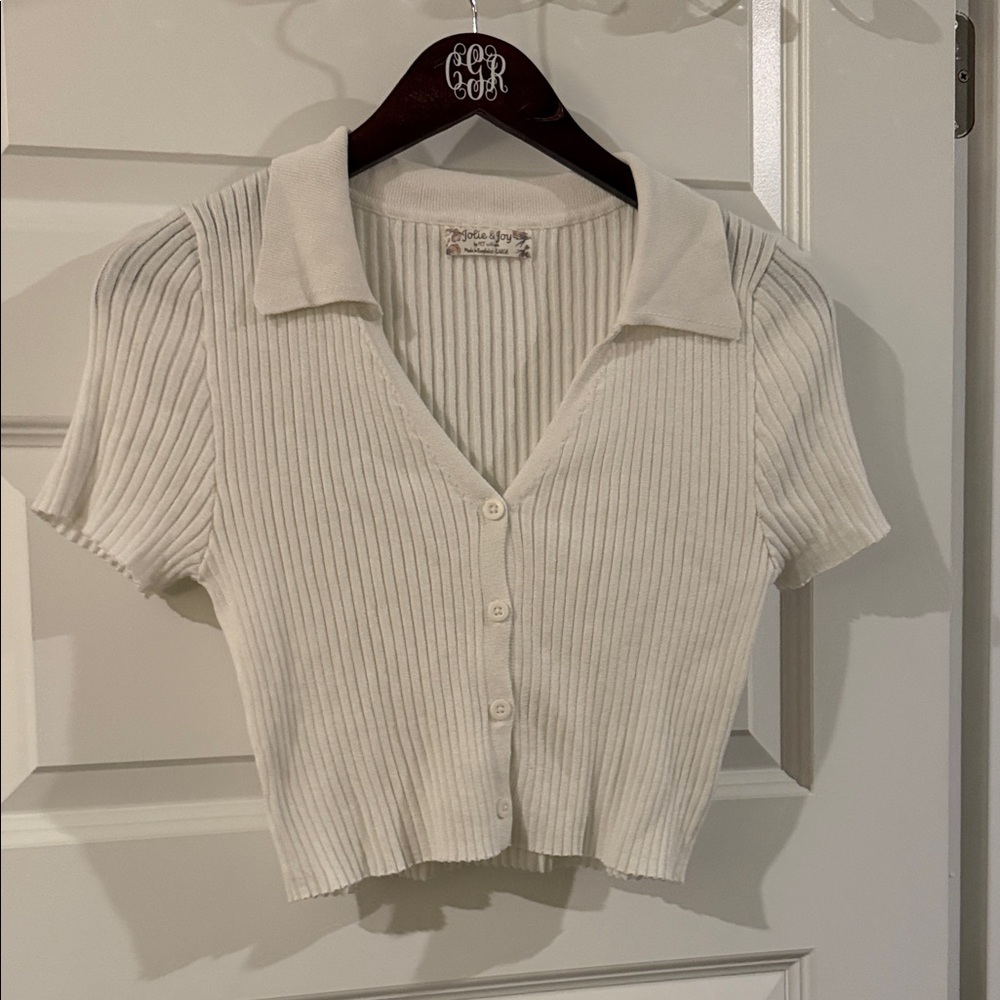 White Ribbed Button Up Crop Top Collared V Neck Shirt lettuce trim large
